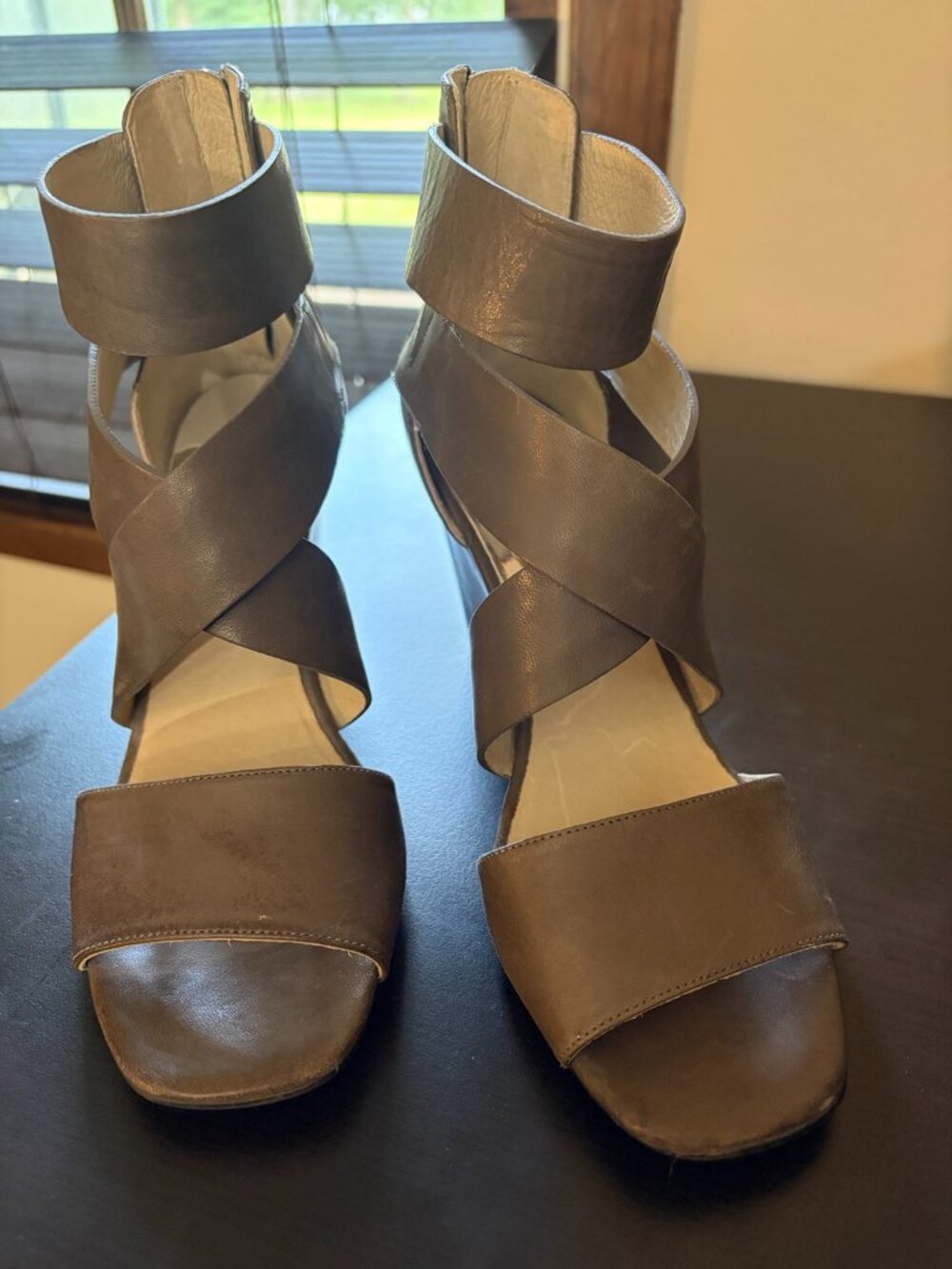 Michael Kors Brown Leather Wedge Sandals Back Zip Size 7.5M